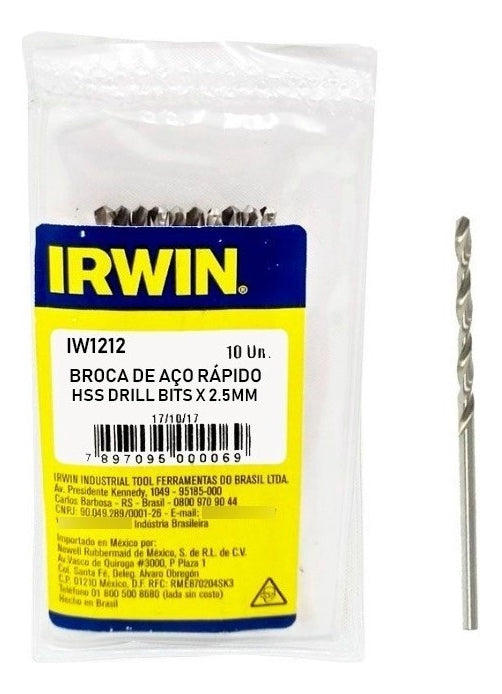 Broca Hss Aço Rápido 2,5mm Irwin Iw1212 Com 10 Unidades