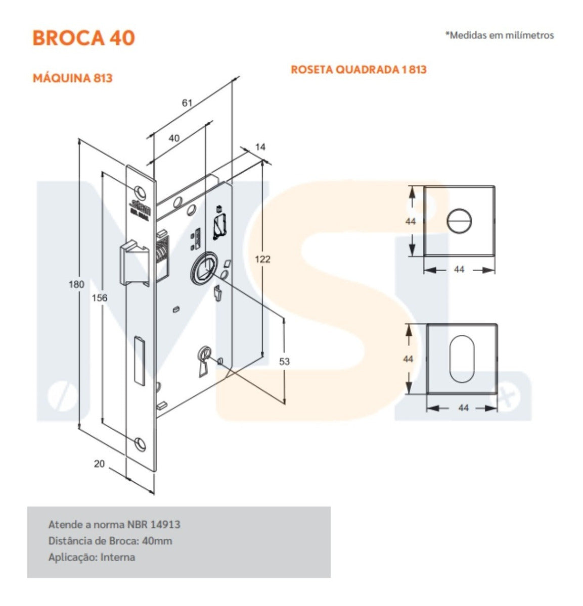 Fechadura Roseta Quadrada Inox Escovado 813/35 Interna Stam