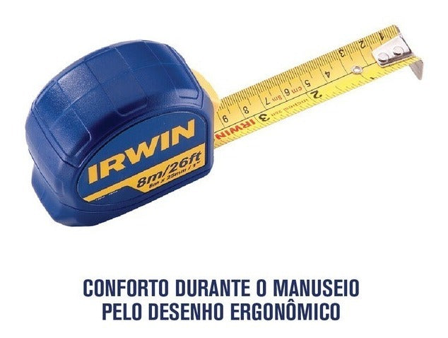 Trena Métrica Irwin 8mx25mm, Botão de Trava, Fita de Aço, Profissional Standard