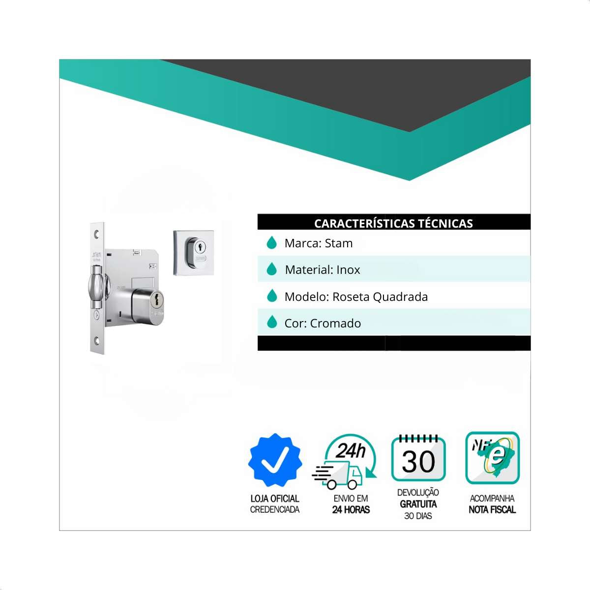 Fechadura Rolete Stam Para Porta Pivotante Acabamento Inox