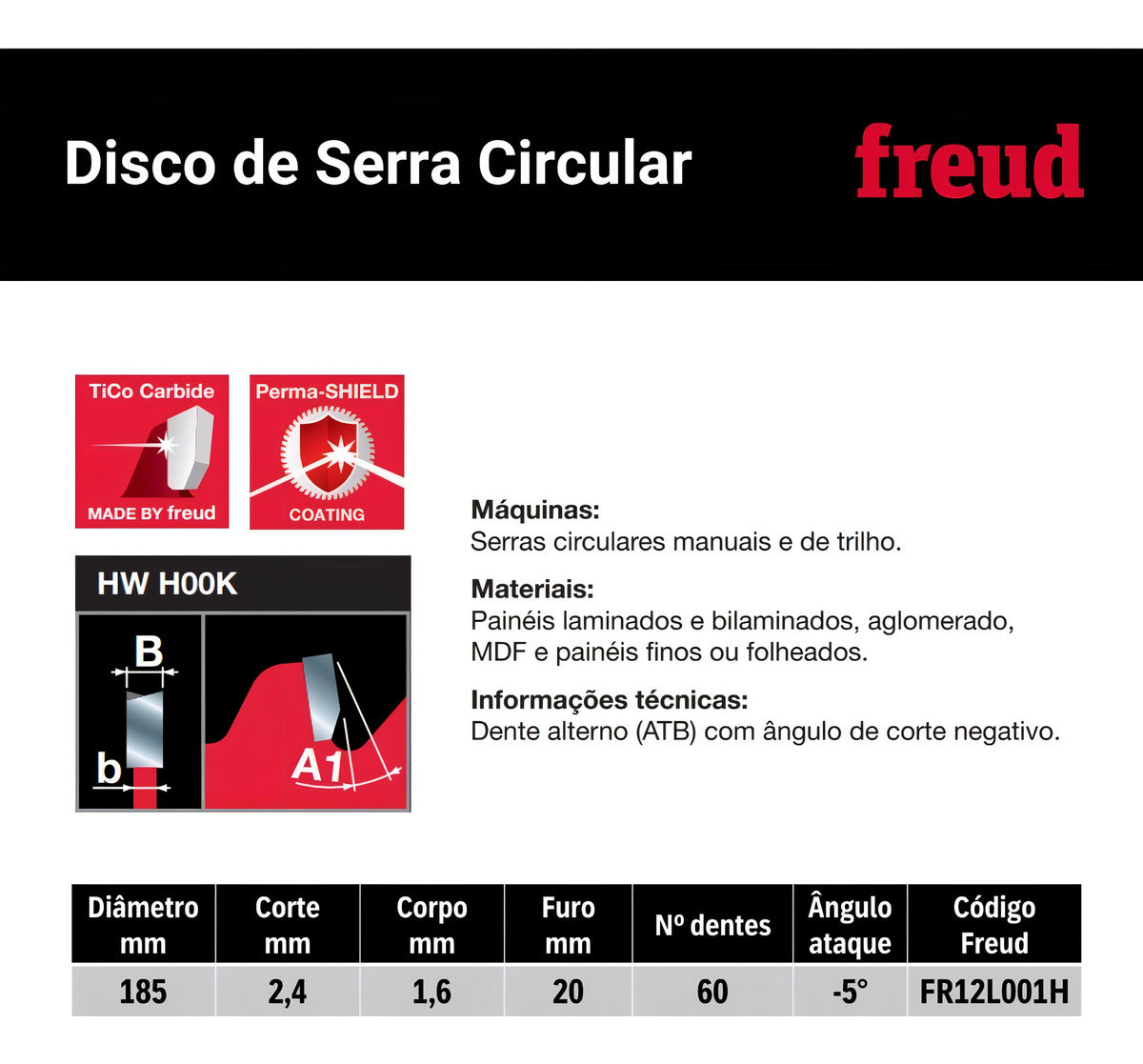 Disco De Serra 185mm Para Mdf Revestido 60 Dentes Freud