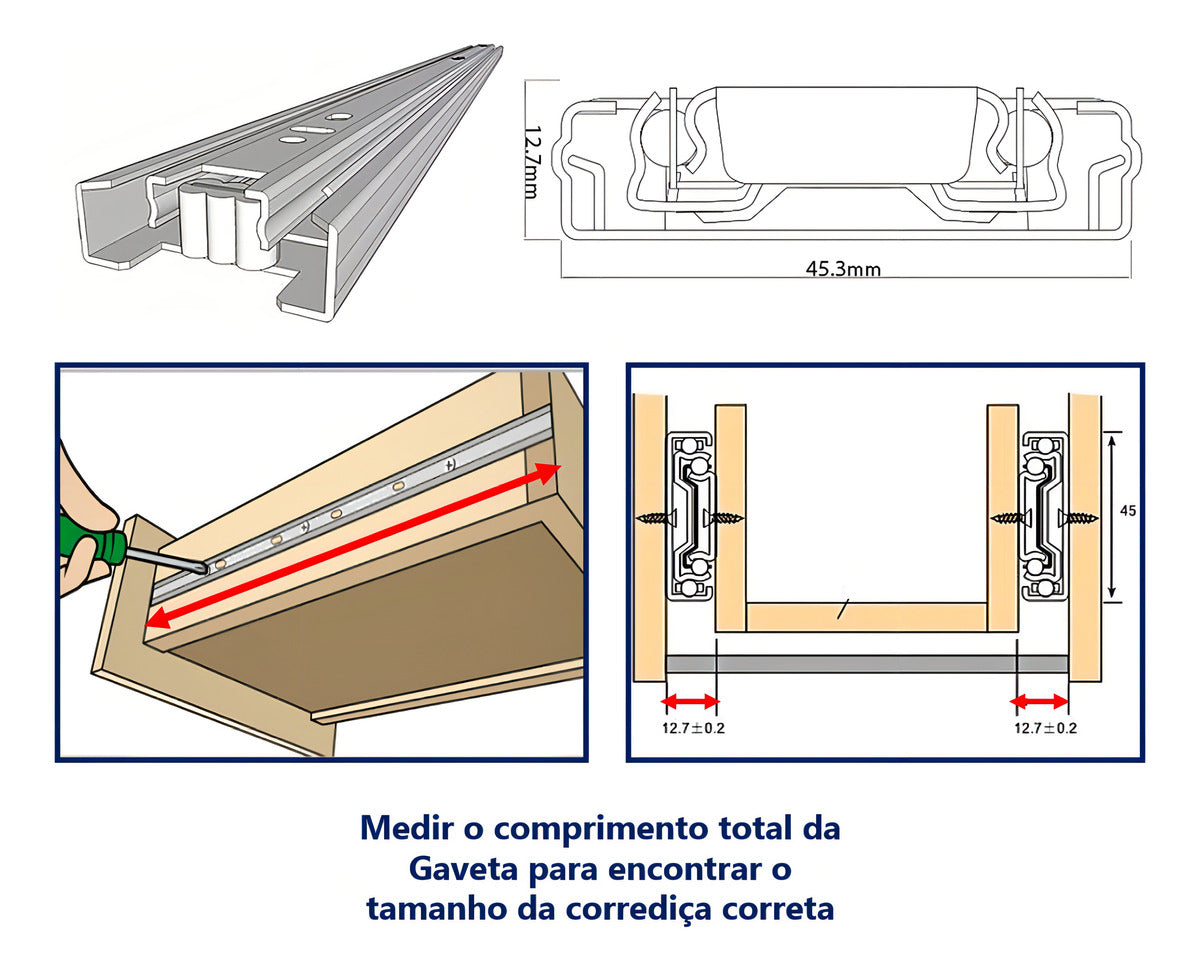 Corrediça Telescópica Larga Para Gavetas 45cm 45kg Par Hd Ferragens H45