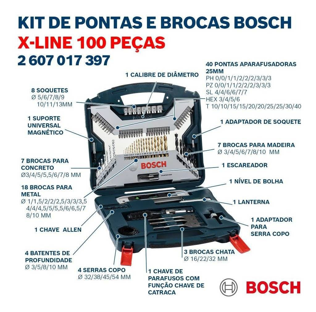 Estojo Kit Jogo Ferramentas Bosch 100 Peças X-line X100tin