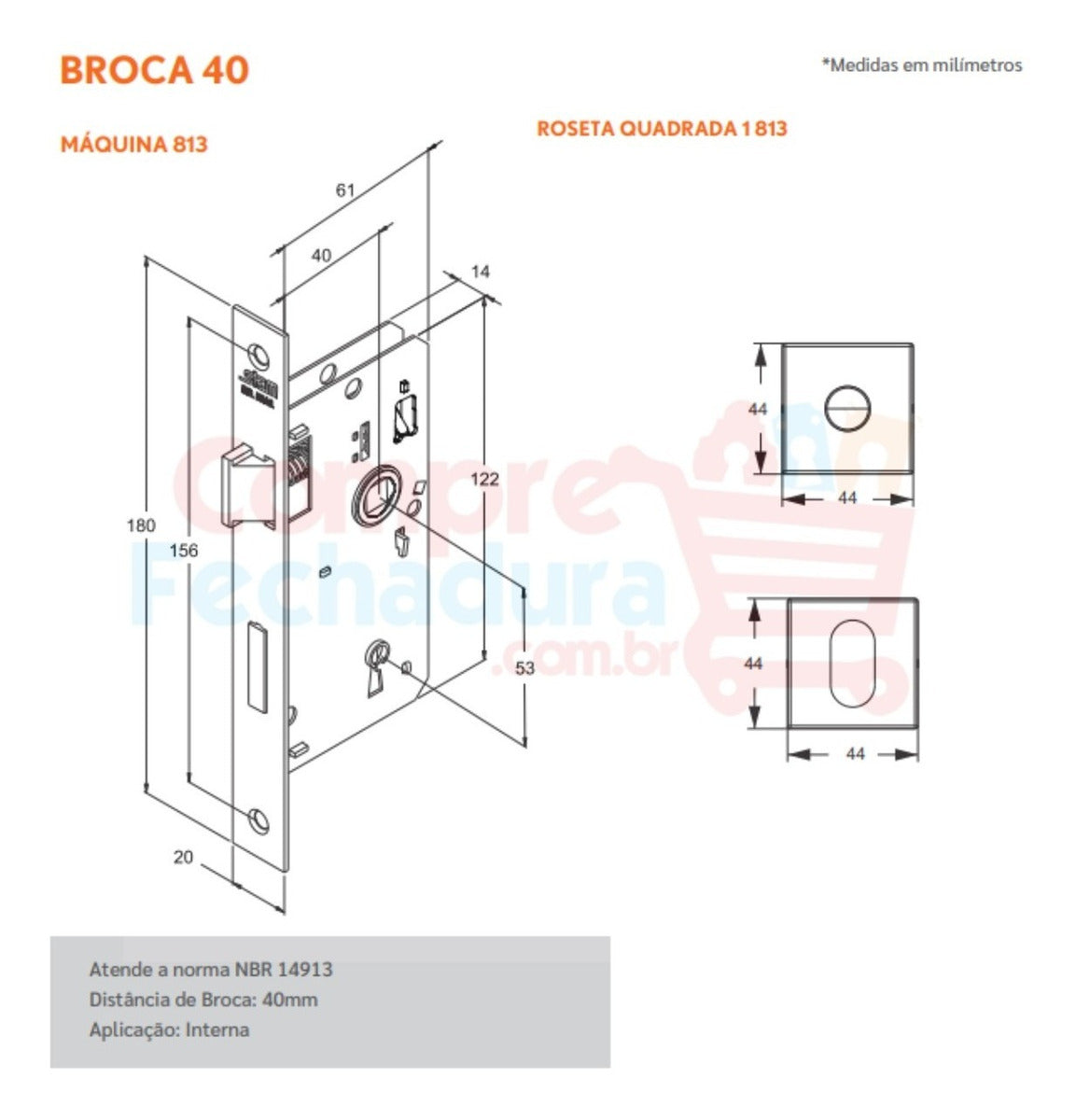 Fechadura Roseta Quadrada Inox Escovado 813/35 Interna Stam