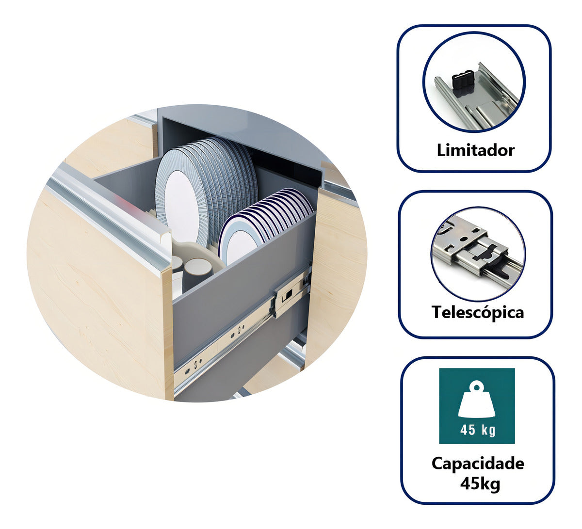 Corrediça Telescópica Larga Para Gavetas 45cm 45kg Par Hd Ferragens H45