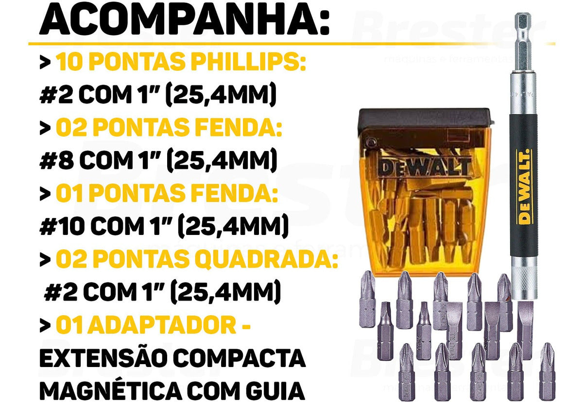 Jogo de Bits Dewalt, Modelo DW2053, Ferramentas Manuais para Parafusar com Guia Magnética, 16 peças