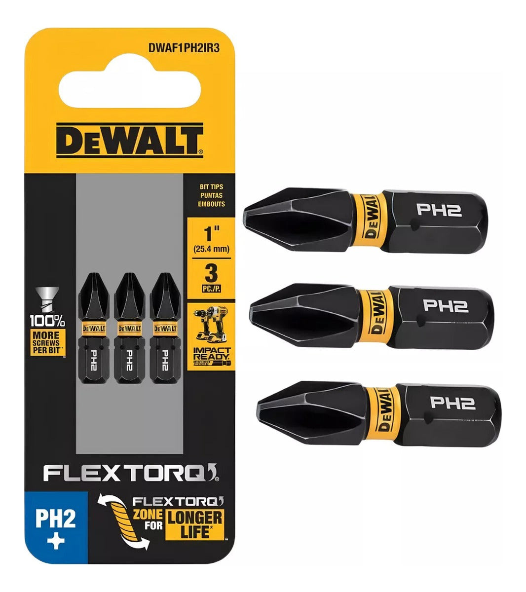 Jogo 3 Ponteiras Bits Ph2 Phillips Dewalt Flextorq Impacto