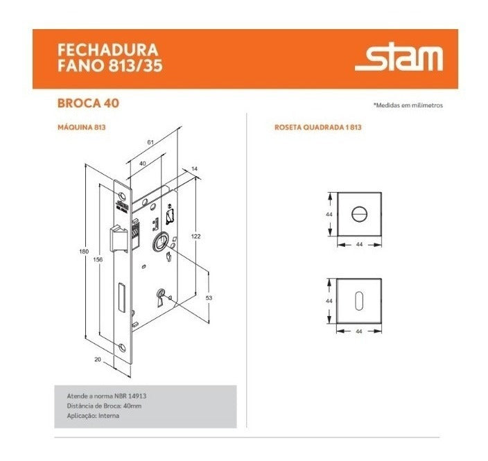 Fechadura Roseta Quadrada Inox Escovado 813/35 Interna Stam