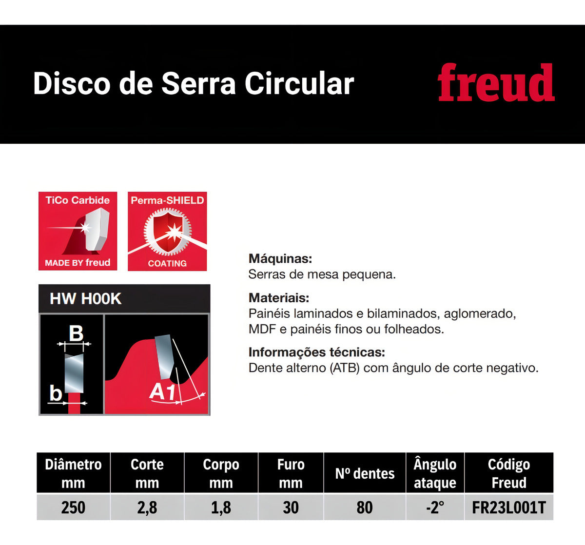 Disco De Serra Circular 250x2,8x80 F30 Freud Cor Vermelho