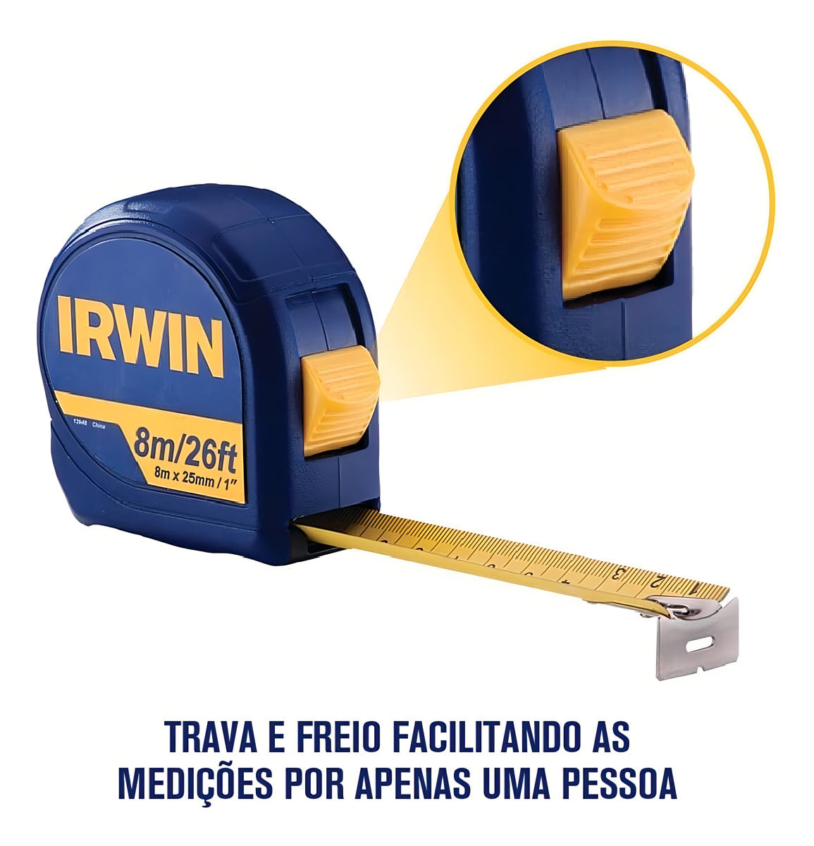 Trena Métrica Irwin 8mx25mm, Botão de Trava, Fita de Aço, Profissional Standard