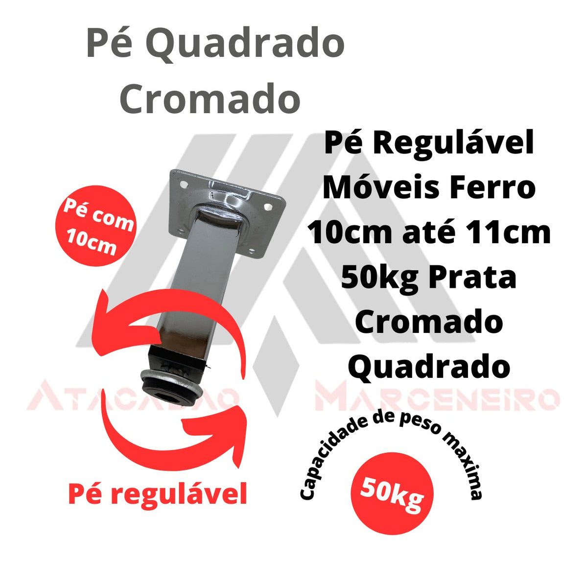 4 Pezinhos Para Moveis 10cm Quadrado Com Regulagem Altura