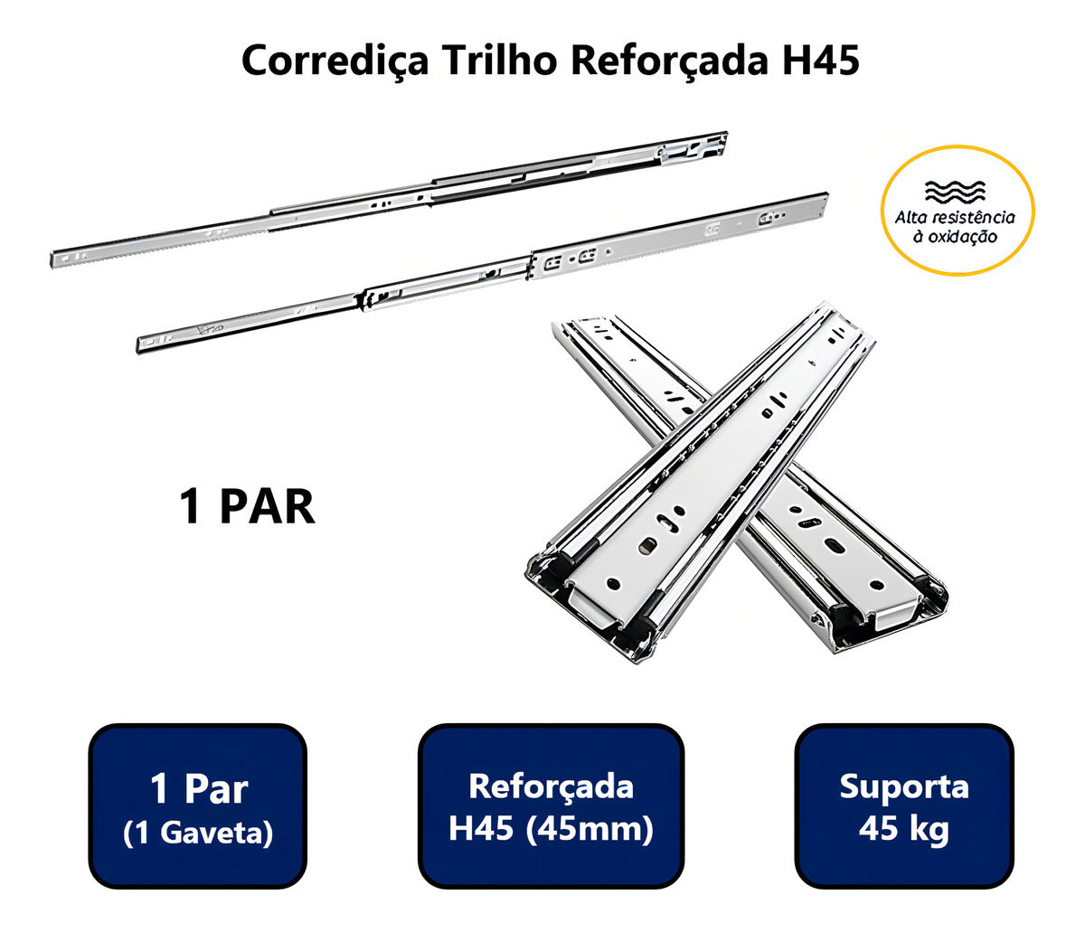 Corrediça Telescópica Larga Para Gavetas 45cm 45kg Par Hd Ferragens H45