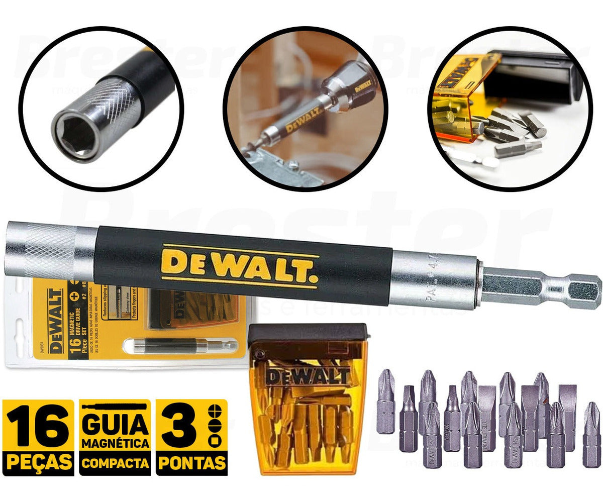 Jogo de Bits Dewalt, Modelo DW2053, Ferramentas Manuais para Parafusar com Guia Magnética, 16 peças