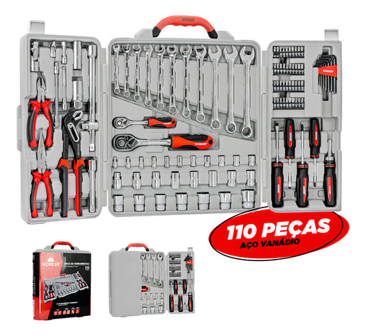 Kit Jogo De Ferramenta Maleta 110 Peças Soquete Chave Worker Cor Cinza