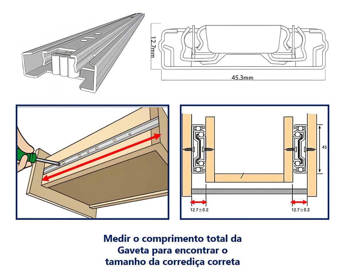 Par De Corrediça Telescópica Gaveta Reforçada 40cm Para 45kg